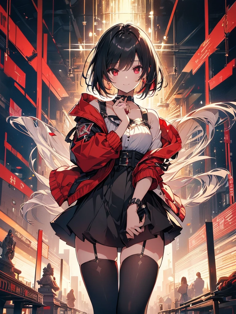 (masterpiece, highest quality, highest quality, (No text), Beautiful and aesthetic:1.2),No text,アニメ、BREAK,One Girl，Black Hair Girl　short hair　older sister　choker　Beautiful eyes　Red eyes　cool　smile　Black and Red　Cute clothes　Black jacket　stockings　whole body　In town