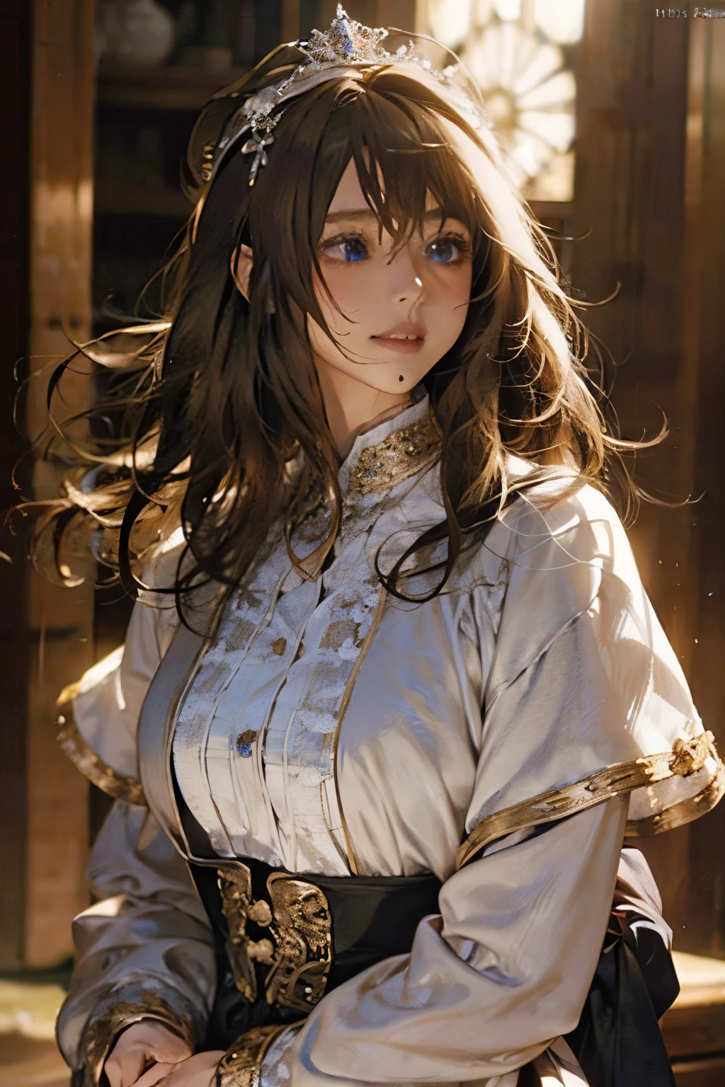 masterpiece、top-quality、超A high resolution、2D beautiful girl、animesque、teens girl、The long-haired、Silvery crown、Beautiful blue eyes、The clothes are also depicted in detail、Eyes are depicted in detail、The face is depicted in detail、Sorcerer、Soio、Gentle smile、hair adornments、animesque、illustratio