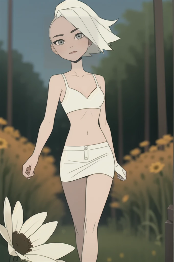 (Solar theme:0.6), Glucose, 1 girl, mature face, One, short hair, in a white bra, wearing white skirt, sexuality, Long legs, sexy legs, high growth, sunny day outside, street, summer day, Sun, walks through the clearing, A meadow, wound, 1.2), White hair, pomade, decrease,  I look at the viewer, grey eyes, sharp image, Crop top, (HDR:1.22), bright acid colors, flowers, complex background, hyper-detailed, Art [[Jordan Grimmer]], Close-up