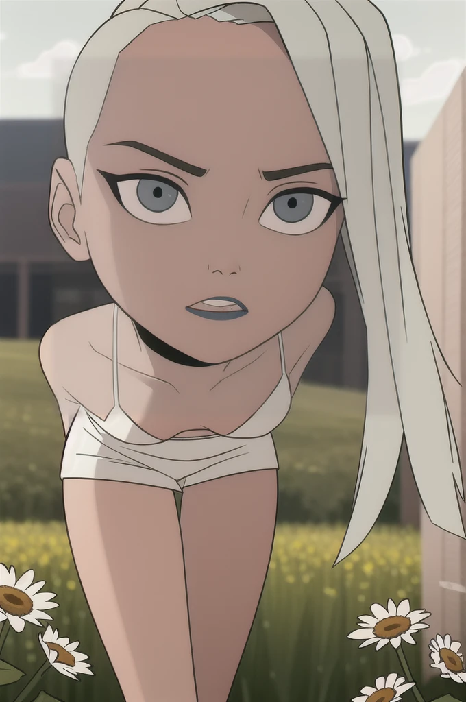(Solar theme:0.6), Glucose, 1 girl, mature face, One, short hair, in a white bra, wearing white skirt, sexuality, Long legs, sexy legs, high growth, sunny day outside, street, summer day, Sun, walks through the clearing, A meadow, wound, 1.2), White hair, pomade, decrease,  I look at the viewer, grey eyes, sharp image, Crop top, (HDR:1.22), bright acid colors, flowers, complex background, hyper-detailed, Art [[Jordan Grimmer]], Close-up
