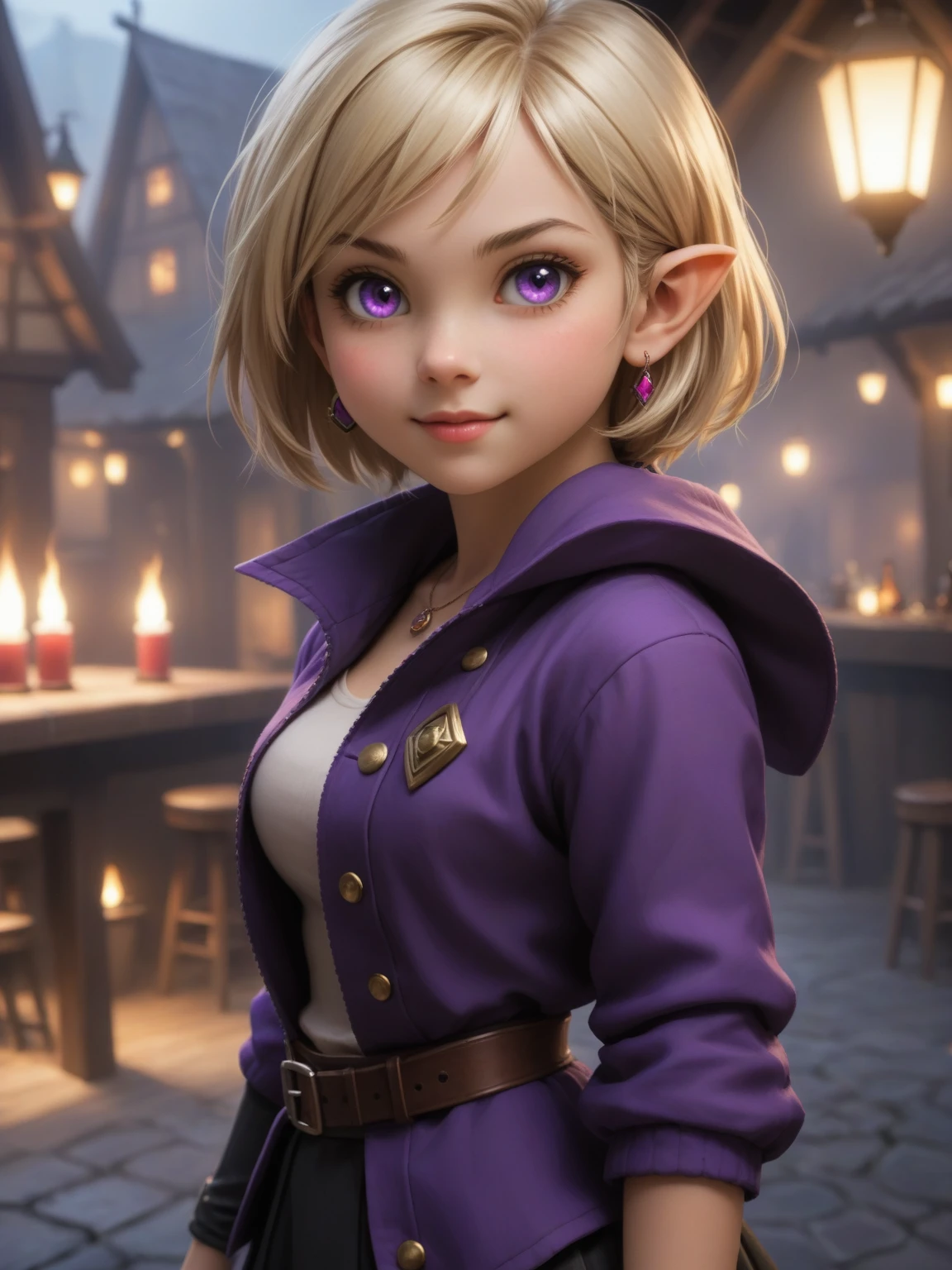 a physically fit cute gnome girl, with six-pack abs, an innocent face, short blond hair, bobbed hairstyle, glowing purple eyes, pointed ears, wearing a fang earring, in a tavern