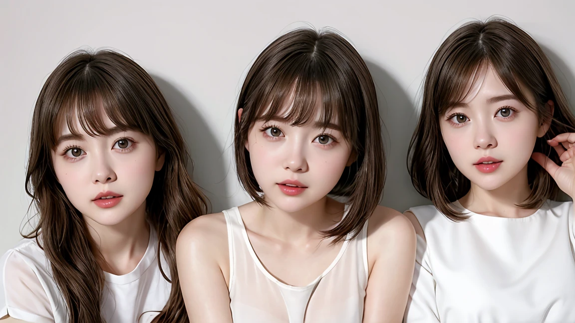 ( 3 girls),whole body写真、white shirt、rift、Navy blue short skirt、enjoyable、、whole body、Thin、woman、White saliva flows from the mouth.、short hair, white skin,twin tail、very cute、Soft and facial、brown hair、8ก resolution、Surreal、Ultra high resolution、 soft body、Small breasts, A cup（（highest resolution、8ก、Masterpiece：1.3））、A particularly detailed face、Extra fine lips、beautiful eyes、Double eyelids,Thinな体形、I see your thighs、Small breasts, good figure、Pink Wall