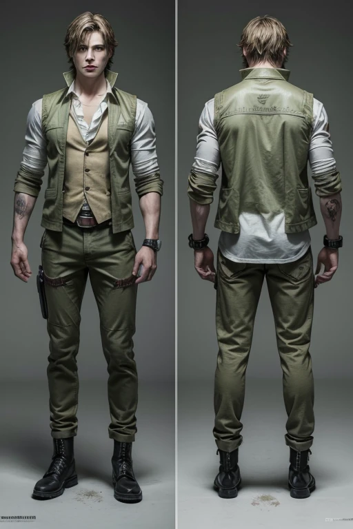 ANIME character man, Whole body, standing, strong, long blonde hair, ((design sketches)), (masterpiece), extremely detailed, (reserved original design), (Random poses), leader, (unique accessories), (CLOTHES, green vest, Cowboys), (barbuda way) professionally retouched, White background, (male: 1.1) Martial Arts, parkour (pantalones Cowboys r: 0.8), (dirty: 1.1), (motion: 0.8), (young: 1.3), (pique: 0.6) (silent hill concept) (resident evil concept)