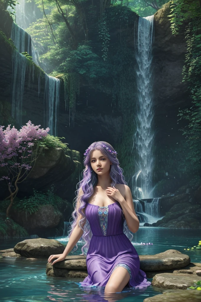 ((best quality)), ((masterpiece)), (detailed), water fairy with innocent face and very long wavy lilac haired with blue highlights , wearing purple dress holding cats beside her, submerged in a waterfalls serene place, HD, 8k, 3D rendered