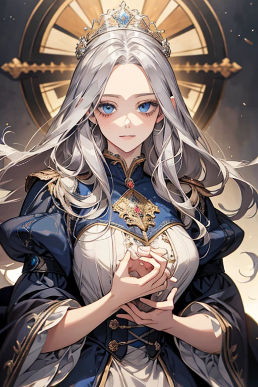 masterpiece、top-quality、超A high resolution、2D beautiful girl、animesque、s girl、The long-haired、Silvery crown、Beautiful blue eyes、The clothes are also depicted in detail、Eyes are depicted in detail、The face is depicted in detail、Sorcerer、Soio、Gentle smile、hair adornments、animesque、illustratio