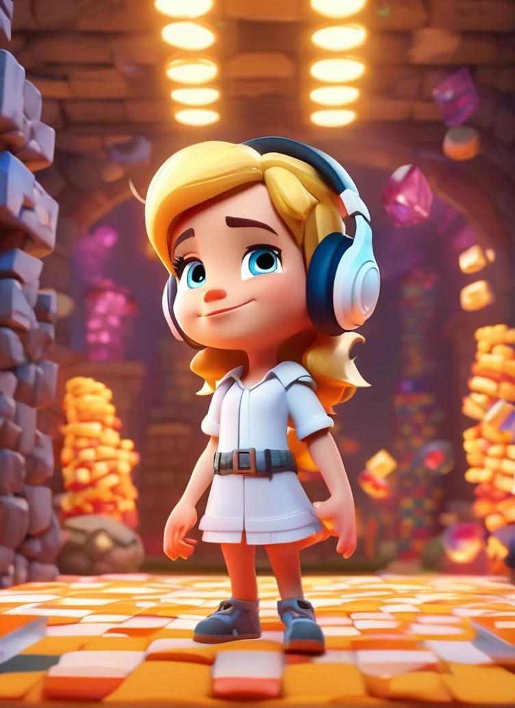 best quality, masterpiece, Blonde-haired girl wearing headphones and a white shirt, White shirt, Clash Royale style, portrait, Checkers game,Checkers in hand, Crystal Checkers，Glass marbles，In an underground city illuminated by a glowing crystal ball, Dwarfs live,, Disney cartoons, cute cartoon, Movie, Volumetric Lighting, Very detailed, 8K