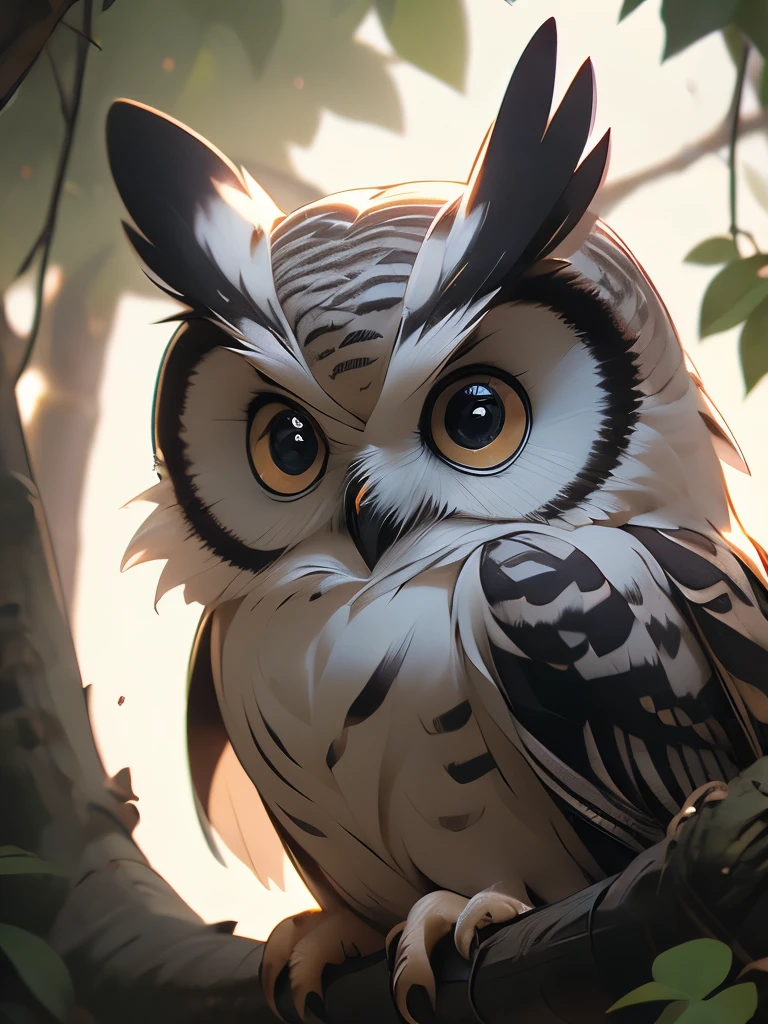 there is a owl that is sitting in a tree looking out, a photo by Carl Rahl, flickr, photorealism, intense look in the eyes, staring!!!!! into the camera, big eyes!!!!!!!!, i see you, very big eyes!, the wisest of all owls, hyperdetailed!!!, very sharp and detailed photo, with a large head and big eyes
