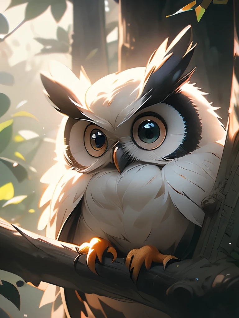 there is a owl that is sitting in a tree looking out, a photo by Carl Rahl, flickr, photorealism, intense look in the eyes, staring!!!!! into the camera, big eyes!!!!!!!!, i see you, very big eyes!, the wisest of all owls, hyperdetailed!!!, very sharp and detailed photo, with a large head and big eyes