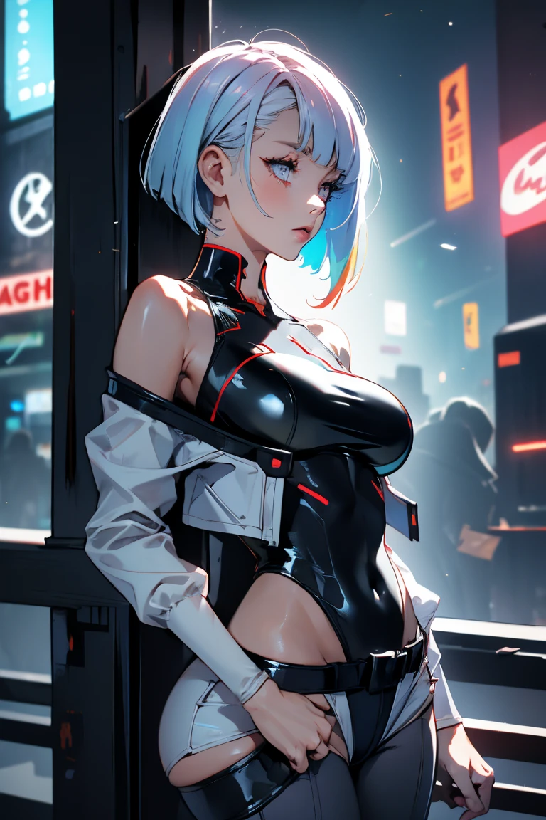 lucy \(cyberpunk\), 1girl, against railing, arm rest, bangs, bare shoulders, belt, black belt, black leotard, black pants, blurry, bob cut, breasts, building, cigarette, cityscape, clothing cutout, cropped jacket, cyberpunk, depth of field, from side, gradient eyes, grey eyes, grey hair, holding, holding cigarette, jacket, leotard, lips, long sleeves, looking afar, looking ahead, mechanical parts, medium breasts, multicolored eyes, multicolored hair, night, night sky, off shoulder, open clothes, open jacket, outdoors, pants, parted lips, railing, red eyeliner, science fiction, short hair with long locks, short shorts, shorts, sidelocks, sky, smoke, smoking, solo, standing, teeth, thigh cutout, upper teeth only, white jacket, white shorts, cyberpunk \(series\), cyberpunk edgerunners,