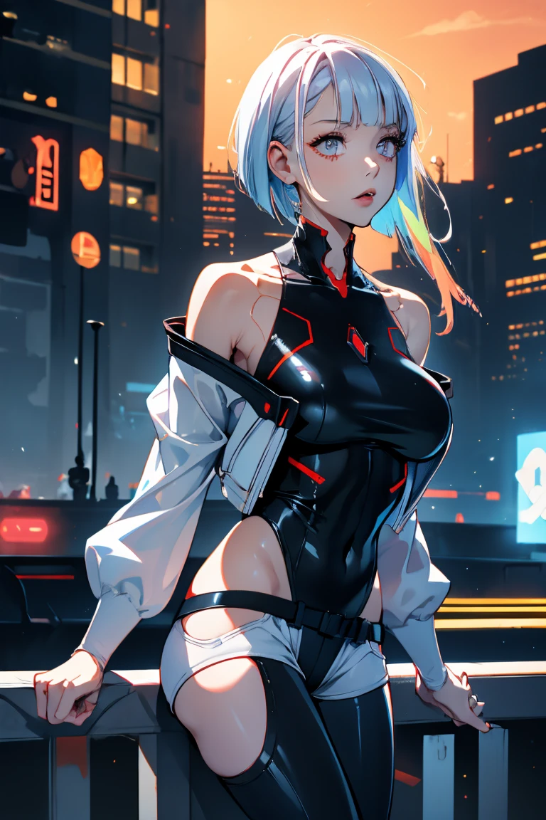lucy \(cyberpunk\), 1girl, against railing, arm rest, bangs, bare shoulders, belt, black belt, black leotard, black pants, blurry, bob cut, breasts, building, cigarette, cityscape, clothing cutout, cropped jacket, cyberpunk, depth of field, from side, gradient eyes, grey eyes, grey hair, holding, holding cigarette, jacket, leotard, lips, long sleeves, looking afar, looking ahead, mechanical parts, medium breasts, multicolored eyes, multicolored hair, night, night sky, off shoulder, open clothes, open jacket, outdoors, pants, parted lips, railing, red eyeliner, science fiction, short hair with long locks, short shorts, shorts, sidelocks, sky, smoke, smoking, solo, standing, teeth, thigh cutout, upper teeth only, white jacket, white shorts, cyberpunk \(series\), cyberpunk edgerunners,