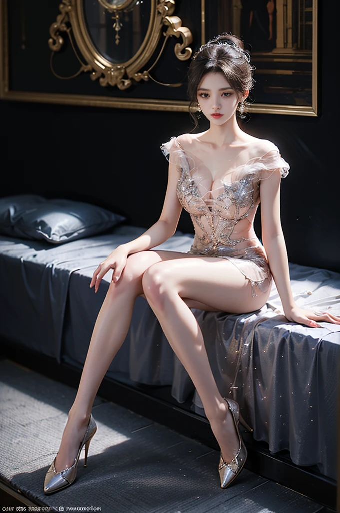 dress ((1 girl, Elegant posture)), Natural leg proportions, Visible cleavage, masterpiece, ((Sexy long legs, Very beautiful legs)), (best quality, 4K, 8K, high resolution, masterpiece:1.2), Extremely detailed, (Practical, photoPractical, photo-Practical:1.37), Official Art, CG, Anatomically correct, Random Scenes, Random shooting angle, Movie, photography, Intricate background, Soft lighting, Subtle shadows, Vibrant colors, Expressive eyes, Beautiful, high class boutique, Ambience, A moment of honesty, Natural expression, Detailed texture, Fine details, Refined and elegant, Exquisite style, Artistic Composition, Beautifully presented.