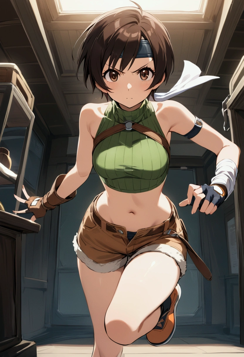 score_9, score_8_up, score_7_up,BREAK best quality,high quality,masterpiece,aesthetic,very aesthetic, soro,1girl,yuffie kisaragi,, final fantasy,short hair,headband,navel,sleeveless,turtleneck
brown eyes,
sleeveless turtleneck,gloves,crop top,brown hair,shorts,midriff,sweater,open fly,fingerless gloves,ribbed sweater,looking at viewer,,v-shaped eyebrows,wide eyes,open stance,