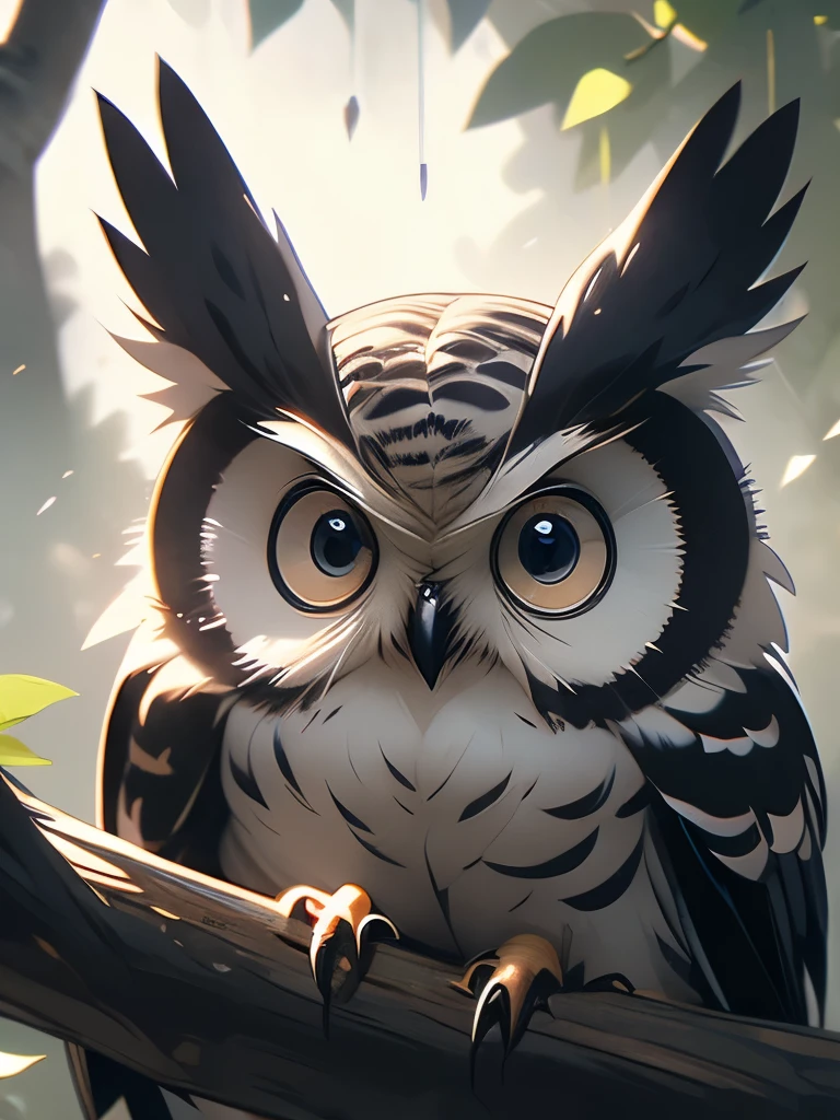 there is a owl that is sitting in a tree looking out, a photo by Carl Rahl, flickr, photorealism, intense look in the eyes, staring!!!!! into the camera, big eyes!!!!!!!!, i see you, very big eyes!, the wisest of all owls, hyperdetailed!!!, very sharp and detailed photo, with a large head and big eyes