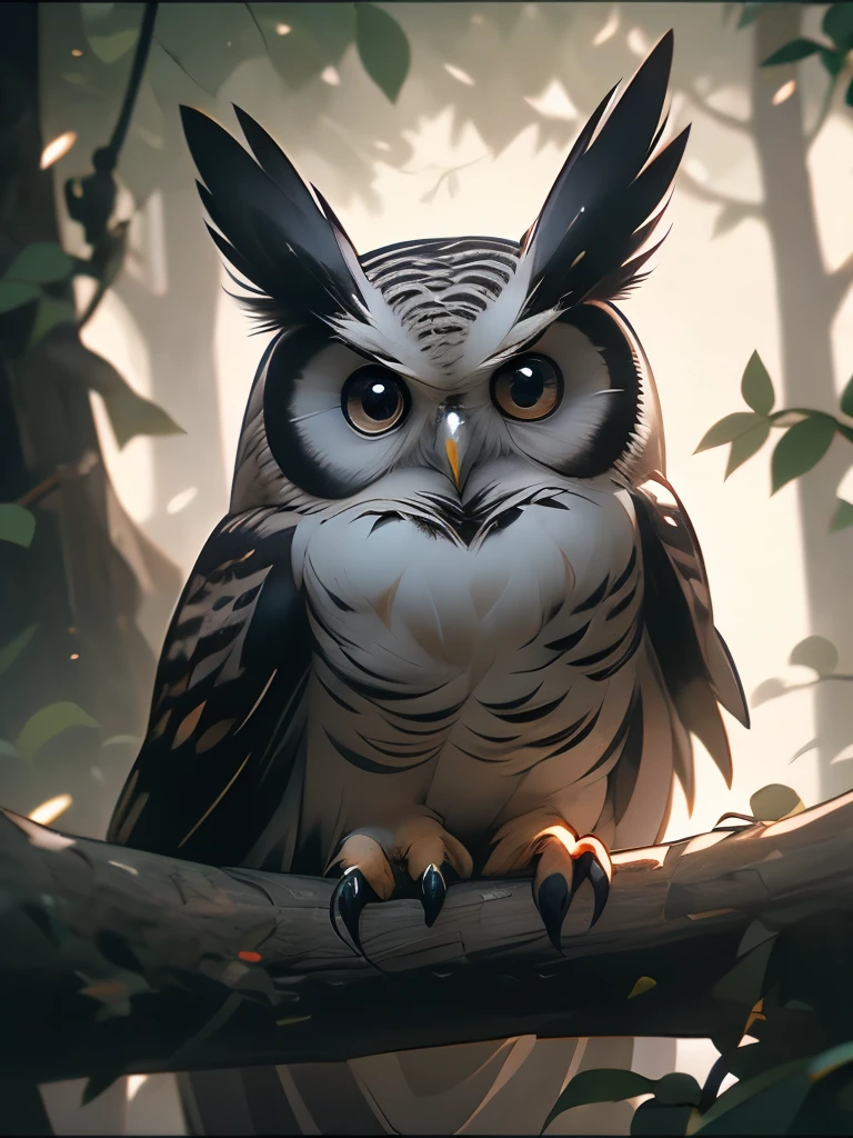 there is a owl that is sitting in a tree looking out, a photo by Carl Rahl, flickr, photorealism, intense look in the eyes, staring!!!!! into the camera, big eyes!!!!!!!!, i see you, very big eyes!, the wisest of all owls, hyperdetailed!!!, very sharp and detailed photo, with a large head and big eyes