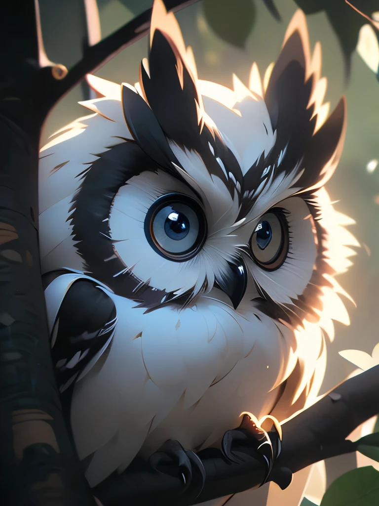 there is a owl that is sitting in a tree looking out, a photo by Carl Rahl, flickr, photorealism, intense look in the eyes, staring!!!!! into the camera, big eyes!!!!!!!!, i see you, very big eyes!, the wisest of all owls, hyperdetailed!!!, very sharp and detailed photo, with a large head and big eyes