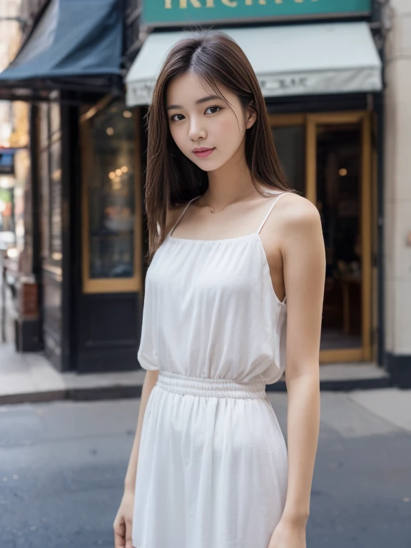 Gorgeous 20 year old brunette girl (Christy Wren) Standing in Manhattan's Central Park, masterpiece, born, Highest quality, (Realistic:1.4), (White tank top:1.1), (Blue Jeans:1.2), Heel, New York Central Park, sunny day, Cinematic Light, Beautiful woman, Skinny body, Small breasts, belly button, Straight blonde hair, Detailed face, smile, To the camera, Photo taken from a distance, , Nikon Z8 + NIKKOR Z 24-120mm f/4S