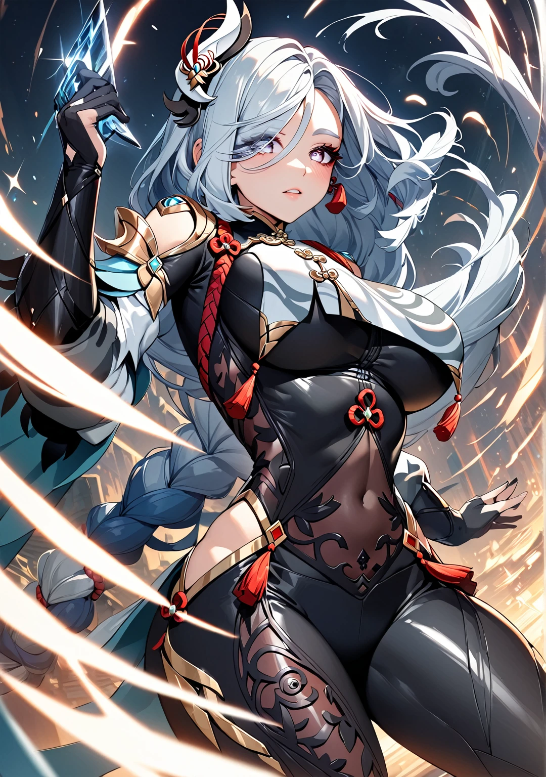 (1 Girl), Shenhe, Genshin impact, White hair, Long Hair, original hair style, silver eyes, large Breasts, Bionic Armor, Black-based metal suit, Robot Girl, steel & Titanium Leather, metal texture, Beautiful Face, Cybernetic Eyes, Clear pupils, Sparkle in the eyes, Perfect hands(Five fingers), perfect body, Beautiful Hair, Shiny Hair, Beautiful Skin, Detailed face and eyes, Glossy Lips, Curvy Women, Dynamic Angle, Friendly atmosphere, Very detailed, Cinematic, dramatic, powerful, strong, (Highest quality:1.2, Very detailed, Latest, Vibrant, Ultra-high resolution, High Detail, High Contrast, masterpiece:1.2, Highest quality, Best aesthetics)