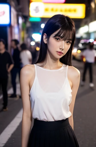 (((best quality))),1 female,slender face,(((arms behind))),(((cool beauty))),Black Hair,Brown Eyes,medium hair,straight hair,small breasts,looking at viewer,bed,25 years old,No pubic hair,Height: 160cm,(full body),blouse,Standing in a busy street at night,mini skirt,Provocative look,bangs