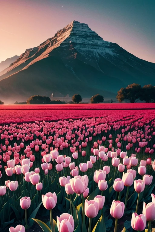 A tulip in Azathoth，Capture stunning details with a macro lens，cosmic horror. Azathoth. Tulip Field in the middle of Azathoth. This is visually synonymous with cosmic horror，people are awed and terrorized，​​Surrounded by tulips，Gives a feeling of aw, The ground is covered in tulip flowers. This image was created using a digital simulation of a soft brush，Completed in unison in a fascinating and mysterious sci-fi setting，A perfect blend of natural beauty and surreal aspects