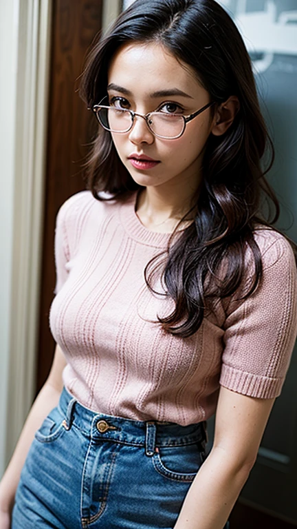 (masterpiece:1.2, highest quality), (Realistic, photoRealistic:1.4), Beautiful illustrations, (Natural Side Lighting, Cinema Lighting), Written boundary depth, Beautiful thighs staring at the viewer, (Face Focus, Upper Body), 1 female, 30-year-old, alone, thin, slender, small breasts!!!, Long Hair, Curly Hair, Forehead, Forehead, Forehead, Forehead, thin, slender, glasses, vivid pink sweater, jeans, Are standing, ((Close-up)), ((Close-up)), ((Close-up))