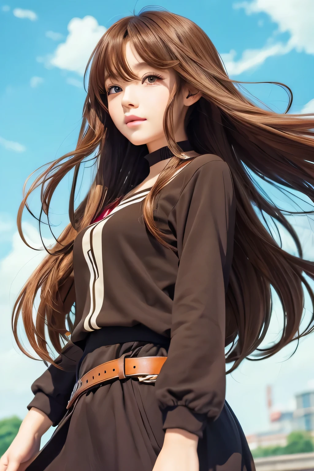 Draw a girl with long brown hair in an anime style illustration