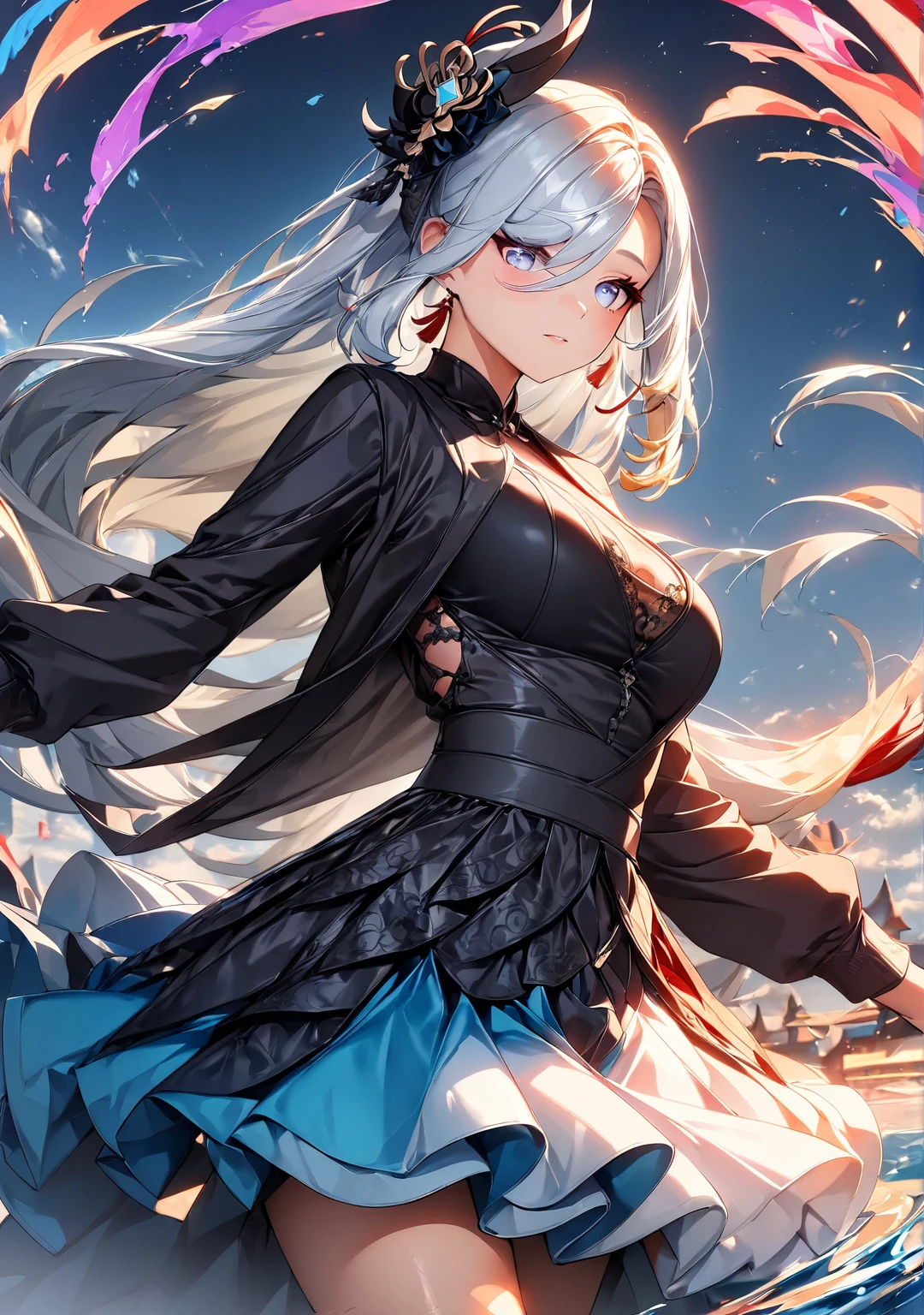 (((1 girl))), shenhe, Genshin impact, original hair style, white Hair, silver eyes , long hair, large breasts, alternate costume, blush, Vibrant and colorful water splash, Organza lace, Gorgeous and elaborate clothes, Gothic, High quality fabric, flight, green, (colorful), Bold, Gradient blend, Motion Blur, Sparkling Texture, Dynamic configuration, Atmospheric perspective, Soft Focus, (Highest quality:1.4, Very detailed, up to date, Vibrant, Ultra-high resolution, High Contrast, masterpiece:1.2, Best aesthetics).
