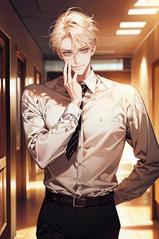 (tmasterpiece, high resolution, ultra - detailed:1.0), (1 boy, Young male, masculine face), Perfect male body, tall and strong, Adult male, Delicate eyes and delicate face, Extremely detailed CG, Unity 8k wallpaper, Complicated details, Detailed face, (blond hair, messy hair, serious faces, white shirts,Bad students), (frown,evil smile:1.3), stad in school corridor, street style, color difference, Depth of field, dramatic shadow, Ray tracing, Best quality, Cinematic lighting, offcial art,Portrait