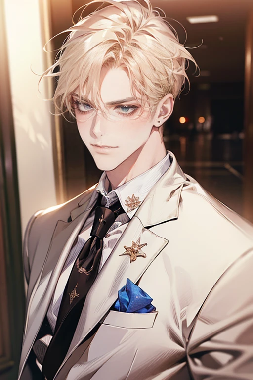 (tmasterpiece, high resolution, ultra - detailed:1.0), (1 boy, Young male, masculine face), Perfect male body, tall and strong, Adult male, Delicate eyes and delicate face, Extremely detailed CG, Unity 8k wallpaper, Complicated details, Detailed face, (blond hair, messy hair, serious faces, white shirts,Bad students), (frown,evil smile:1.3), stad in school corridor, street style, color difference, Depth of field, dramatic shadow, Ray tracing, Best quality, Cinematic lighting, offcial art,Portrait
