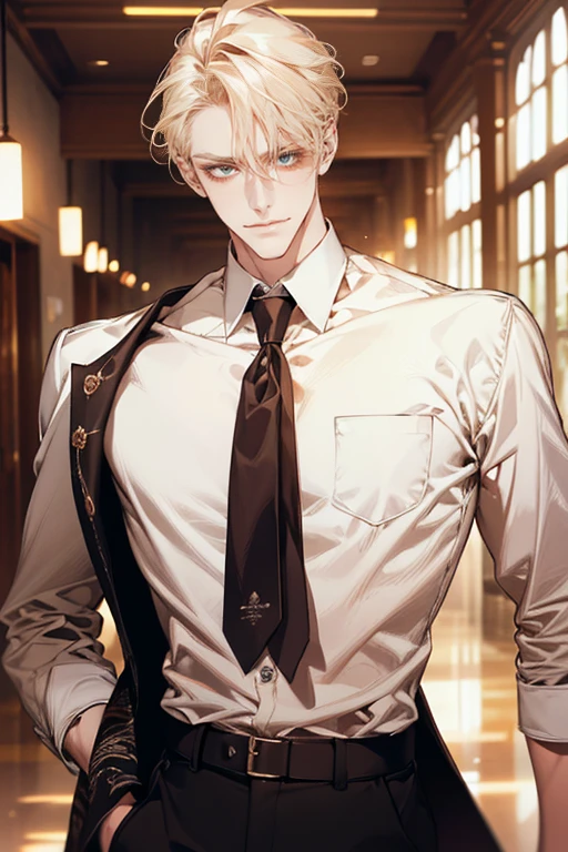 (tmasterpiece, high resolution, ultra - detailed:1.0), (1 boy, Young male, masculine face), Perfect male body, tall and strong, Adult male, Delicate eyes and delicate face, Extremely detailed CG, Unity 8k wallpaper, Complicated details, Detailed face, (blond hair, messy hair, serious faces, white shirts,Bad students), (frown,evil smile:1.3), stad in school corridor, street style, color difference, Depth of field, dramatic shadow, Ray tracing, Best quality, Cinematic lighting, offcial art,Portrait