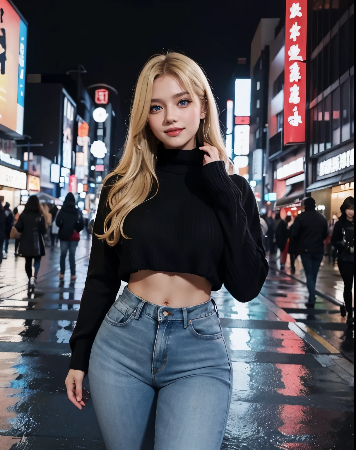 1girl, (Blue Eyes), (smiling :1.2), (Sana Minatozaki), wide hips, (big tits :1.2), (big ass), (thin waist), (thick thighs), (Best Quality, 8k, Masterpiece: 1.3), Clear Focus: 1.2, Perfect Body Beauty: 1.4, (strong abs), Highly detailed face and skin texture, detailed eyes, double eyelids, (toned body :1.2), red lips, (long blonde hair :1.2), ((black sweater :1.2)), (jeans :1.1), standing, dynamic pose, in a Tokyo neighborhood at night, buildings with colorful signs, wet street