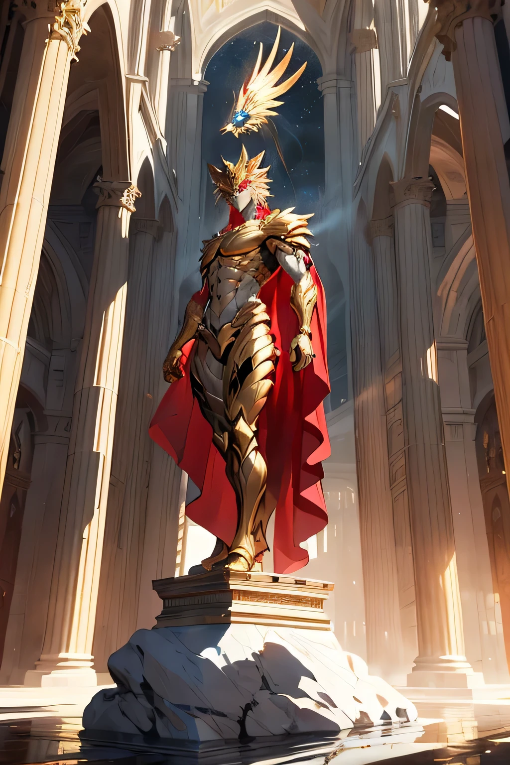 White gold marble of felins, giga white gold marble of félins bot of mega structure building, monumental gold ocre building in background, storm and static light dark blue éclair, in background colosal gold ocre building, first champ gigantesque white gold marble statue of félin in Dynamic posture, dark blue flash and lighting , large view , Epic view, strenght atmospher, pétales d'or floating in winds, white gold majestueux felin in wild Dynamic pose, red dust, red Line slice the picture, red dust particule, red blur en premier plan particule red dust