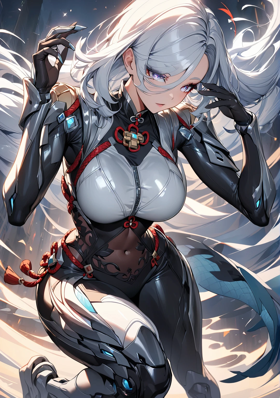 (1 Girl), Shenhe, Genshin impact, White hair, Long Hair, original hair style, silver eyes, large Breasts, alternate costume, Bionic Armor, Black-based metal suit, Robot Girl, steel & Titanium Leather, metal texture, Beautiful Face, Cybernetic Eyes, Clear pupils, Sparkle in the eyes, Perfect hands(Five fingers), perfect body, Beautiful Hair, Shiny Hair, Beautiful Skin, Detailed face and eyes, Glossy Lips, Curvy Women, Dynamic Angle, Friendly atmosphere, Very detailed, Cinematic, dramatic, powerful, strong, (Highest quality:1.2, Very detailed, Latest, Vibrant, Ultra-high resolution, High Detail, High Contrast, masterpiece:1.2, Highest quality, Best aesthetics)