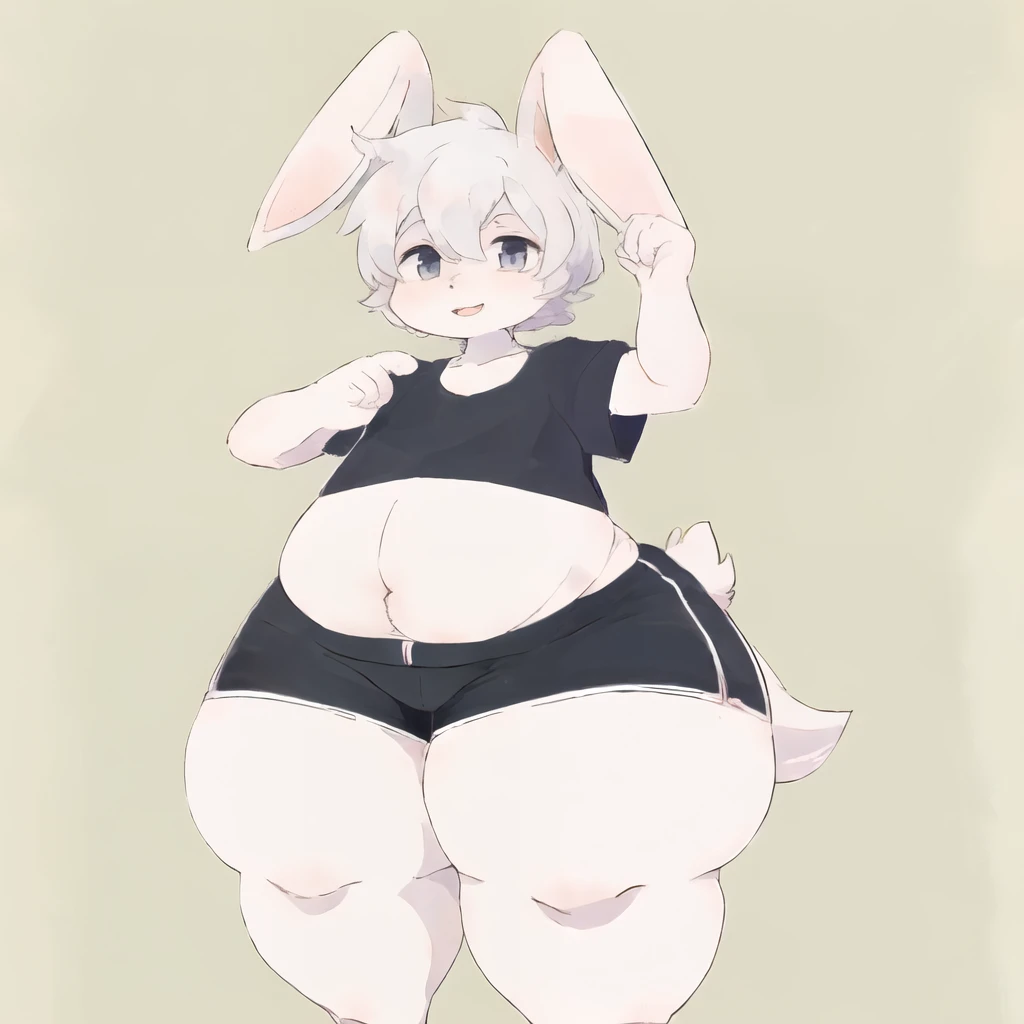 fat, overweight, big belly, huge belly, furry male, (( young furry rabbit boy)), furry rabbit, anthro rabbit, kemono rabbit, rabbit beastmen, black shorts, femboy, bottomheavy, wide hips, thick thighs, huge ass, gigantic ass, thick thighs, massive thighs, hyper thighs