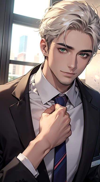 (Highest quality,4K,8K,High resolution,masterpiece:1.2),Super detailed,(Realistic,photoRealistic,photo-Realistic:1.37),1 person,34 years old,Mature Men,Beautiful skin、very handsome,Expressionless smile in love,Short white hair,green eyes,Sharp Eyes,A perfect face without a doubt,Businessman, CEO, Office Background,Cinema Lighting,HDR image,tie、