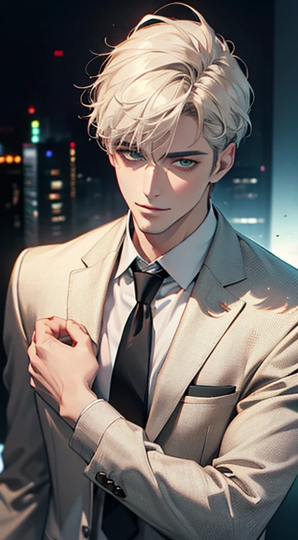 (Highest quality,4K,8K,High resolution,masterpiece:1.2),Super detailed,(Realistic,photoRealistic,photo-Realistic:1.37),1 person,34 years old,Mature Men,Beautiful skin、very handsome,Expressionless smile in love,Short white hair,green eyes,Sharp Eyes,A perfect face without a doubt,Businessman, CEO, Office Background,Cinema Lighting,HDR image,tie、