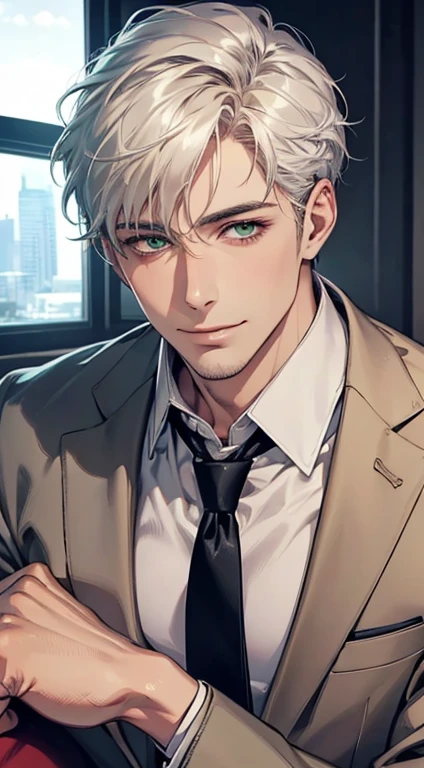 (Highest quality,4K,8K,High resolution,masterpiece:1.2),Super detailed,(Realistic,photoRealistic,photo-Realistic:1.37),1 person,34 years old,Mature Men,Beautiful skin、very handsome,Expressionless smile in love,Short white hair,green eyes,Sharp Eyes,A perfect face without a doubt,Businessman, CEO, Office Background,Cinema Lighting,HDR image,tie、