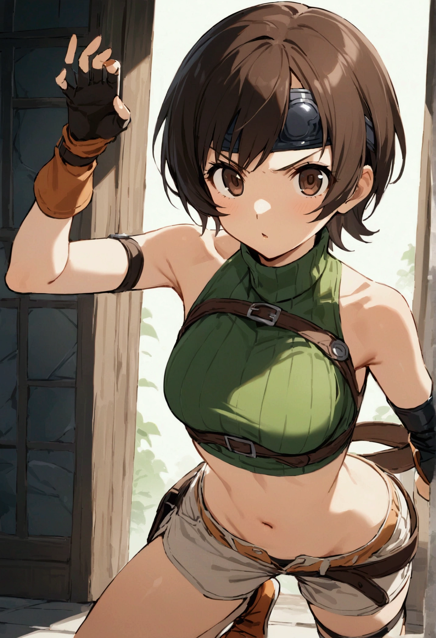 score_9, score_8_up, score_7_up,BREAK best quality,high quality,masterpiece,aesthetic,very aesthetic, soro,1girl,yuffie kisaragi,, final fantasy,short hair,headband,navel,sleeveless,turtleneck
brown eyes,
sleeveless turtleneck,gloves,crop top,brown hair,shorts,midriff,sweater,open fly,fingerless gloves,ribbed sweater,looking at viewer,,v-shaped eyebrows,wide eyes,open stance,