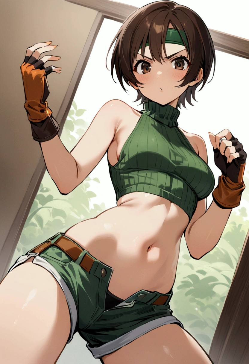 score_9, score_8_up, score_7_up,BREAK best quality,high quality,masterpiece,aesthetic,very aesthetic,　soro,1girl,yuffie kisaragi,, final fantasy,short hair,headband,navel,sleeveless,turtleneck
brown eyes,
sleeveless turtleneck,gloves,crop top,brown hair,shorts,midriff,sweater,open fly,fingerless gloves,ribbed sweater,looking at viewer,,v-shaped eyebrows,wide eyes,open stance,