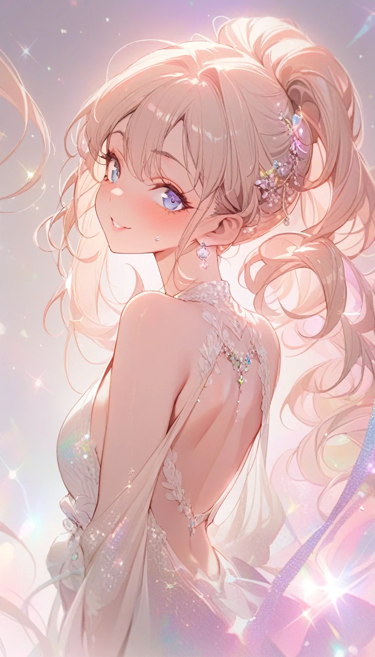 (masterpiece, best quality:1.2), 1 girl, skin detail, beautiful facial features, Round face, exquisite eyes, droopy eyes, hair, glitter, middle age, back, looking back at camera, whole body, smile