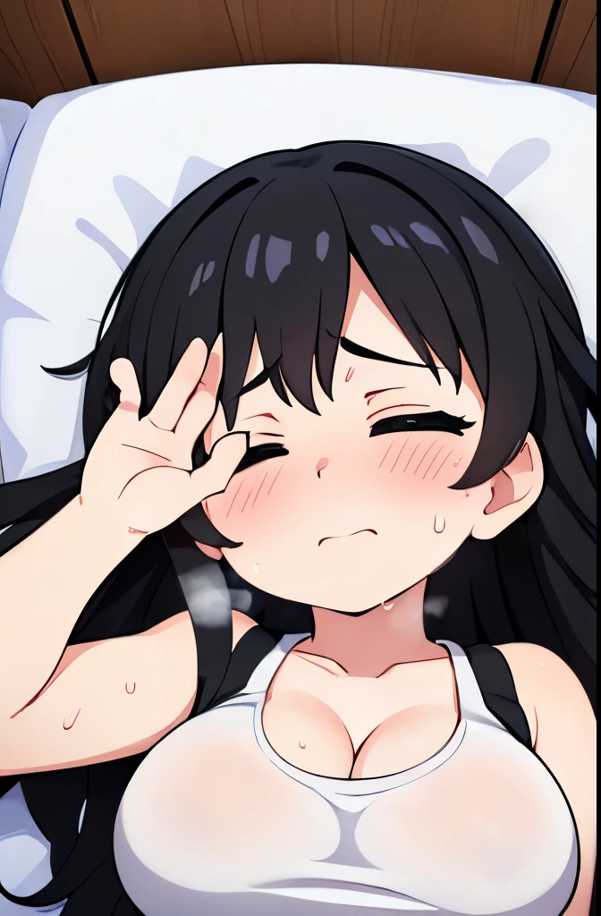 (((Shut your mouth.))), face,Black Eye,Dark Eyes,Black Hair,Long Hair,Hot Face,(((close your eyes))),(Heavy breathing)),Big Breasts,Slightly larger belly,((White tank top)),Accentuate the cleavage,From above,brake, (((whole body))), (Wave:1.1), (Look forward:1.1), (Look away a little:1.1), indoor,(Soft lighting:1.1), brake (Sweat:1.5), (vapor:1.2), (Girl trembling with sexual climax:1.1), (View your viewers:1.3), (((Masturbation:1.3))),((Lying on the bed)),((with a sexy face)),(((whole body))),((incontinence)),