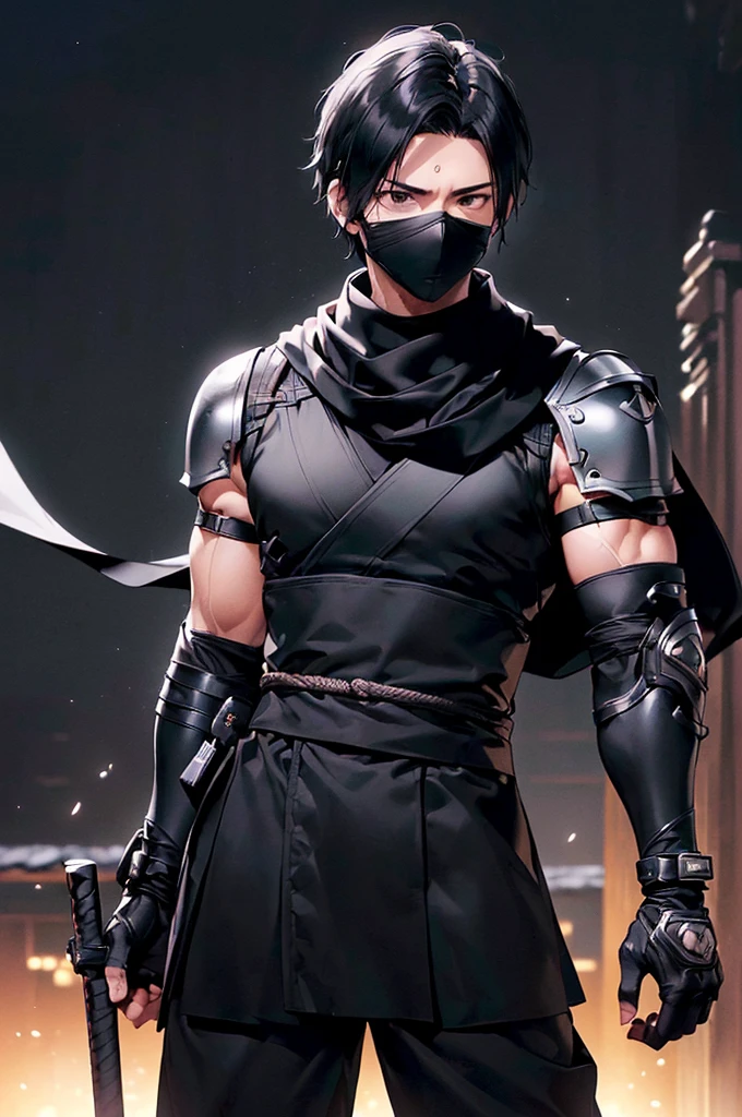(((masterpiece; best quality: 1.2))), (finely detailed eyes: 1.3), ((ung man)), ((solo)), (black eyes: 1.4), (body shape; lean, masculine: 1.3), (very short black hair: 1.3), (beautiful and clear background: 1.2), ((depth of field)), (equipment: black shinobi clothing + fully covered + black kimono + black pants + black scarf + black bracers + black fingerless gloves: 1.3), (anime illustration: 1.2), (background composition; old japanese mansion + night: 1.1), (extremely fine and handsome: 1.1), (shot composition; standing, holding black hard mask in front of face + centered on torso + close-up: 1.5), (facial expression; calm, stoic: 1.2)