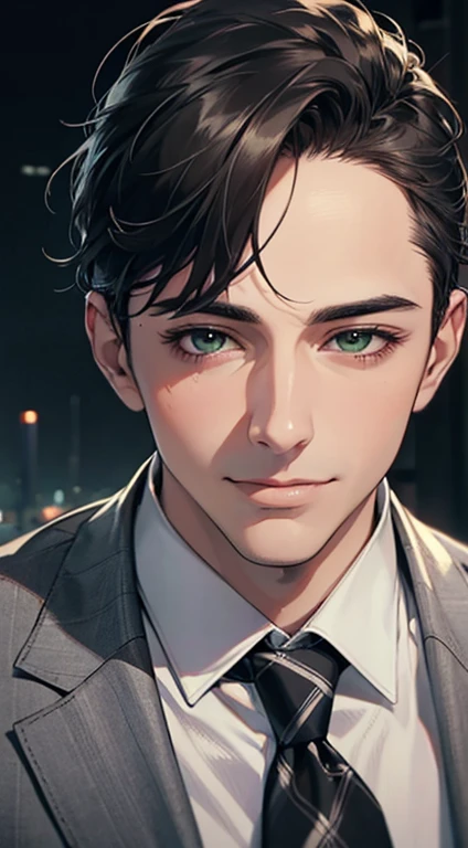 (Highest quality,4K,8K,High resolution,masterpiece:1.2),Super detailed,(Realistic,photoRealistic,photo-Realistic:1.37),1 person,34 years old,Mature Men,Beautiful skin、very handsome,Expressionless smile in love,Short gray Black hair,green eyes,Sharp Eyes,A perfect face without a doubt,Businessman, CEO, Office Background,Cinema Lighting,HDR image,tie、