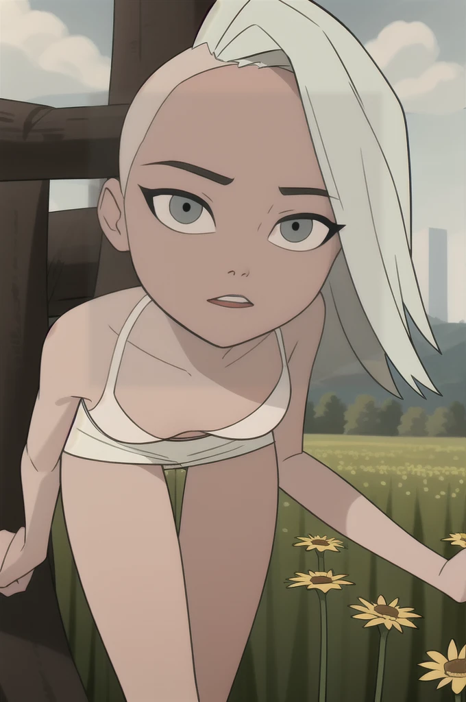 (Solar theme:0.6), Glucose, 1 girl, mature face, One, short hair, in a white bra, wearing white skirt, sexuality, Long legs, sexy legs, high growth, sunny day outside, street, summer day, Sun, walks through the clearing, A meadow, wound, 1.2), White hair, pomade, decrease,  I look at the viewer, grey eyes, sharp image, Crop top, (HDR:1.22), bright acid colors, flowers, Many colors, thickets, complex background, hyper-detailed, Art [[Jordan Grimmer]], Close-up