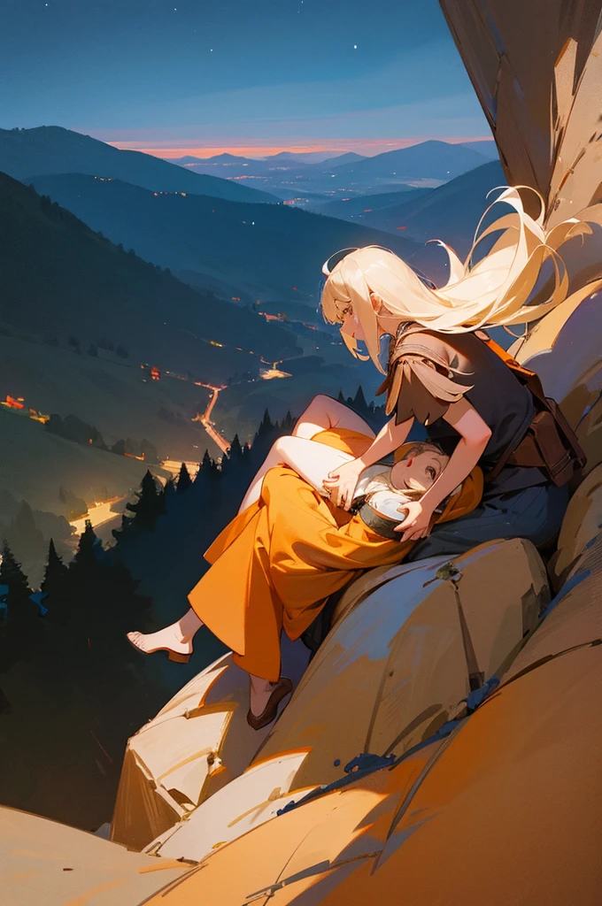 Generates a drawing of two people sitting, embraced on a mountain at night