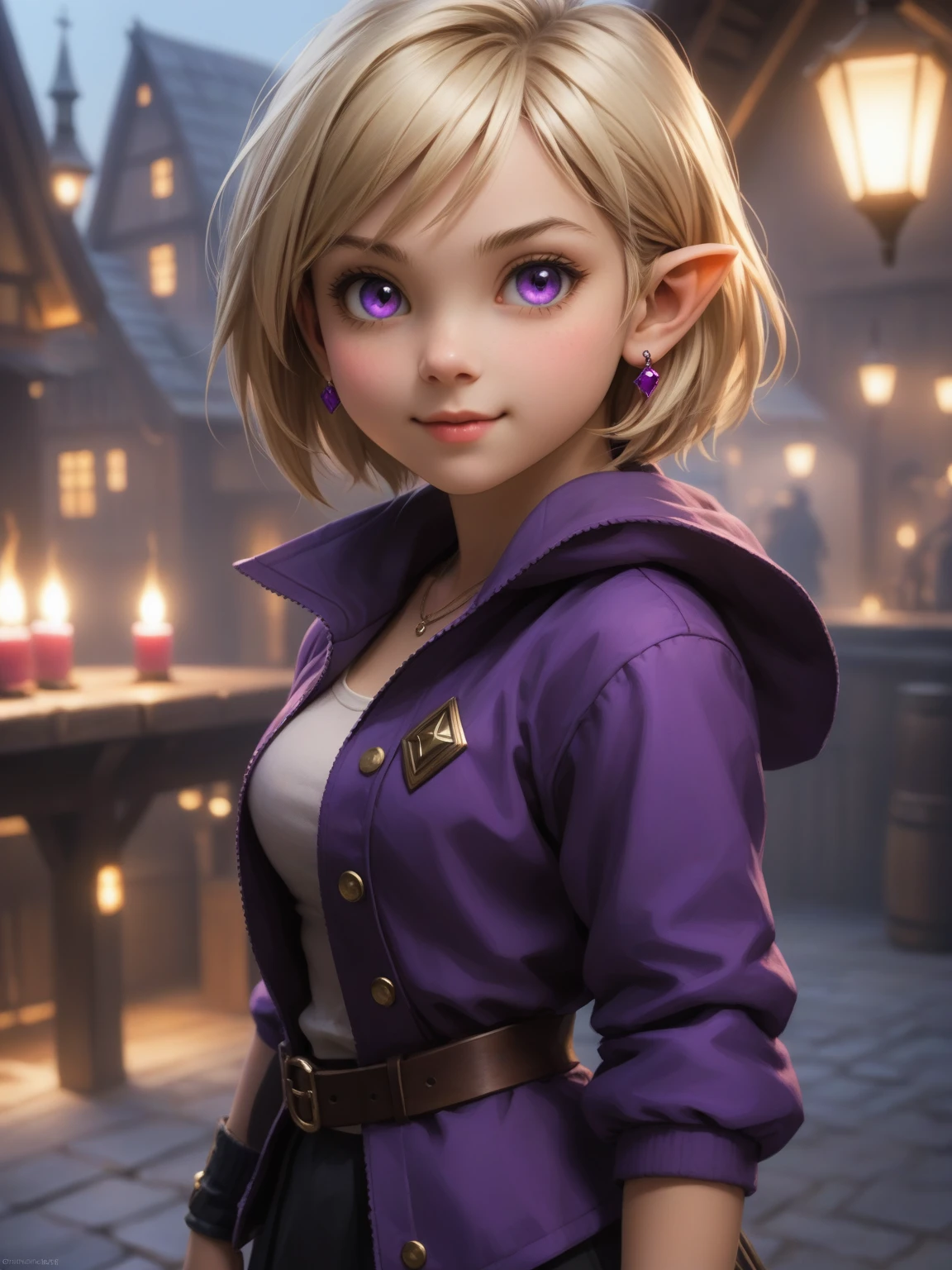 a physically fit cute gnome girl, with six-pack abs, an innocent face, short blond hair, bobbed hairstyle, glowing purple eyes, pointed ears, wearing a fang earring