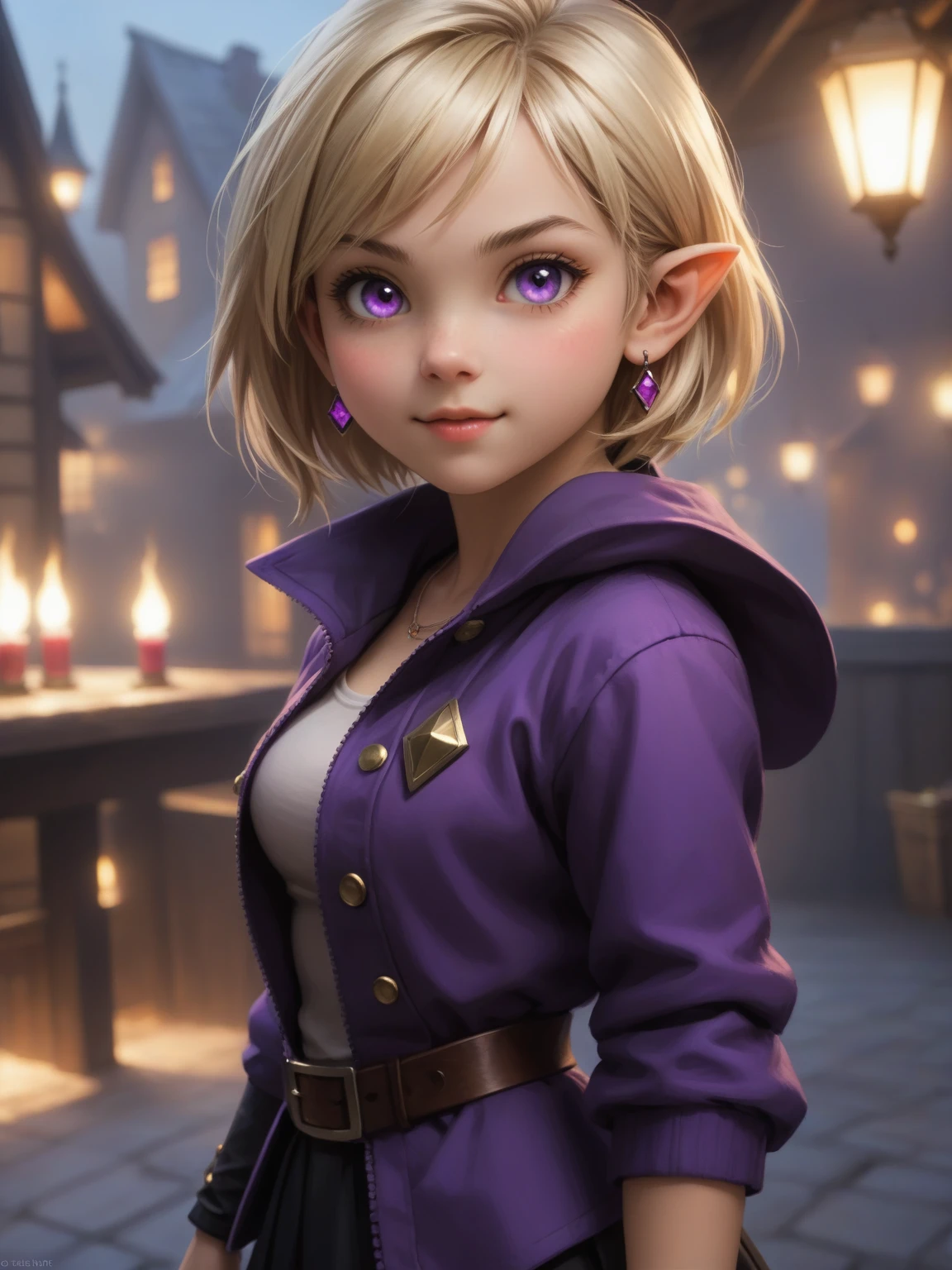 a physically fit cute gnome girl, with six-pack abs, an innocent face, short blond hair, bobbed hairstyle, glowing purple eyes, pointed ears, wearing a fang earring