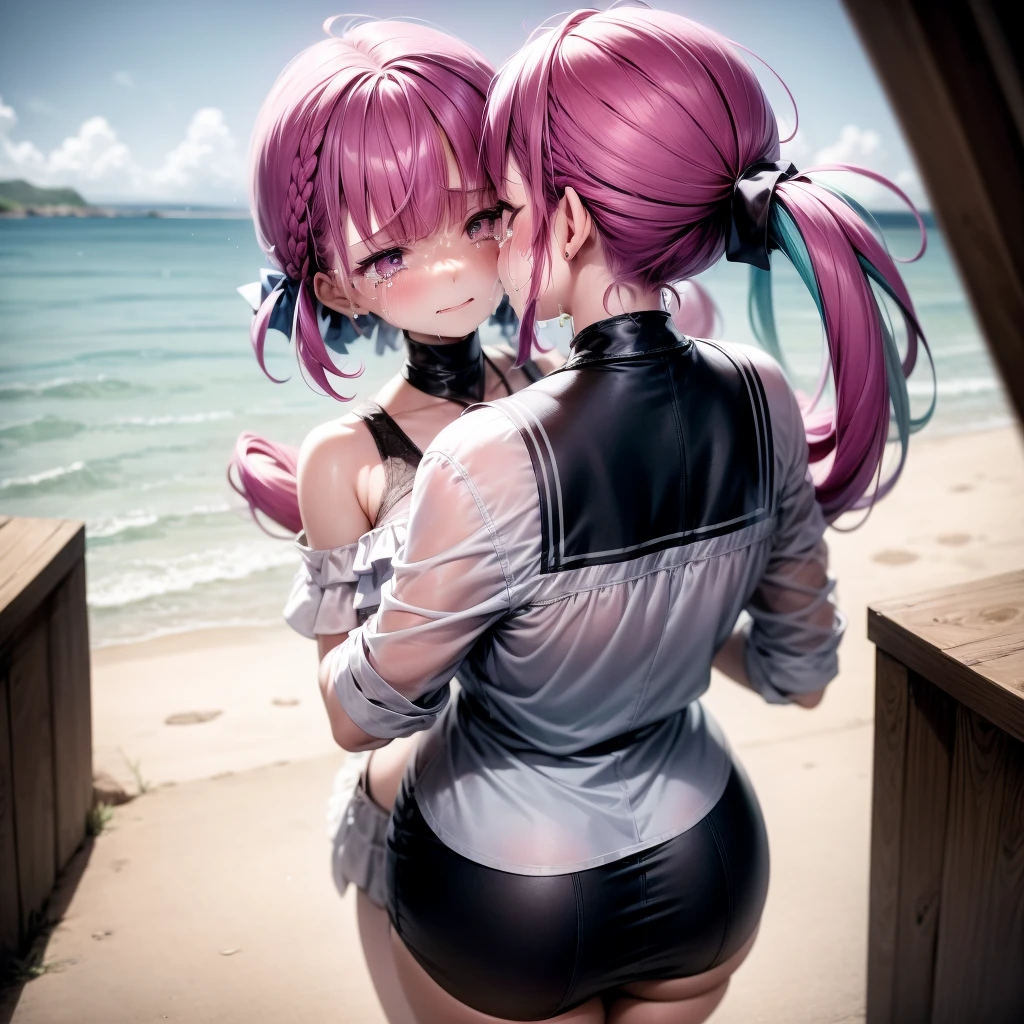 a girl，at the seaside，There is a train behind，Leave with your back turned，with tears，with tearsSmile，cry