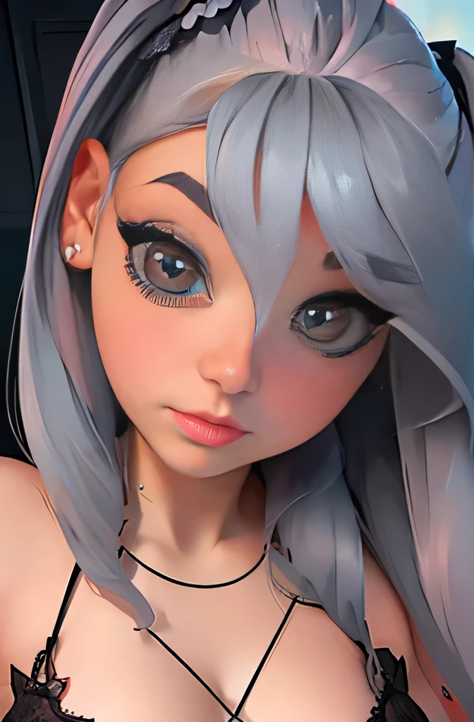 (Realistic painting style:0.9), masterpiece, best quality, absurdres, looking at viewer, solo, (grey babydol:1.5), bronya zaychik, red pupils, large breasts, long hair, grey hair, bangs, grey eyes, earrings, drill hair, hair between eyes, hair ornament, (babydoll:1.3), see-through, bed, expressionless