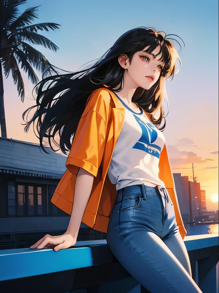 orange and royal blue tones、Vibrant colors、((masterpiece)))、(((Highest quality)))、((Ultra-detailed))、(Surreal)、(Highly detailed CG illustration)、Official Art、CD cover、Urban、City Pop、Palm tree、Sunset Beach、Long black hair、That will happen、Cool feeling、Midsummer、stylish、glorious 1980s、Cool Beauty、Coquettish、Gorgeous、Unparalleled beauty、Jacket、stylish T-shirt、Tight jeans、Female Solo、The perfect angle、Perfect composition