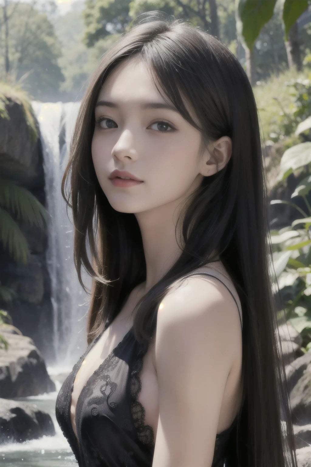 (ultra realistic) , (illustration), (increase resolution), (8K), (extremely detailed), (best illustration), (beautiful detailed eyes), (best quality), (ultra-detailed), (masterpiece), (wallpaper), (detailed face), 1 girl, black straight hair, slender body, delicate details, in the dark, deep shadow, low key, pureerosfaceace_v1, happy smile, summer dress, waterfall, rainforest
